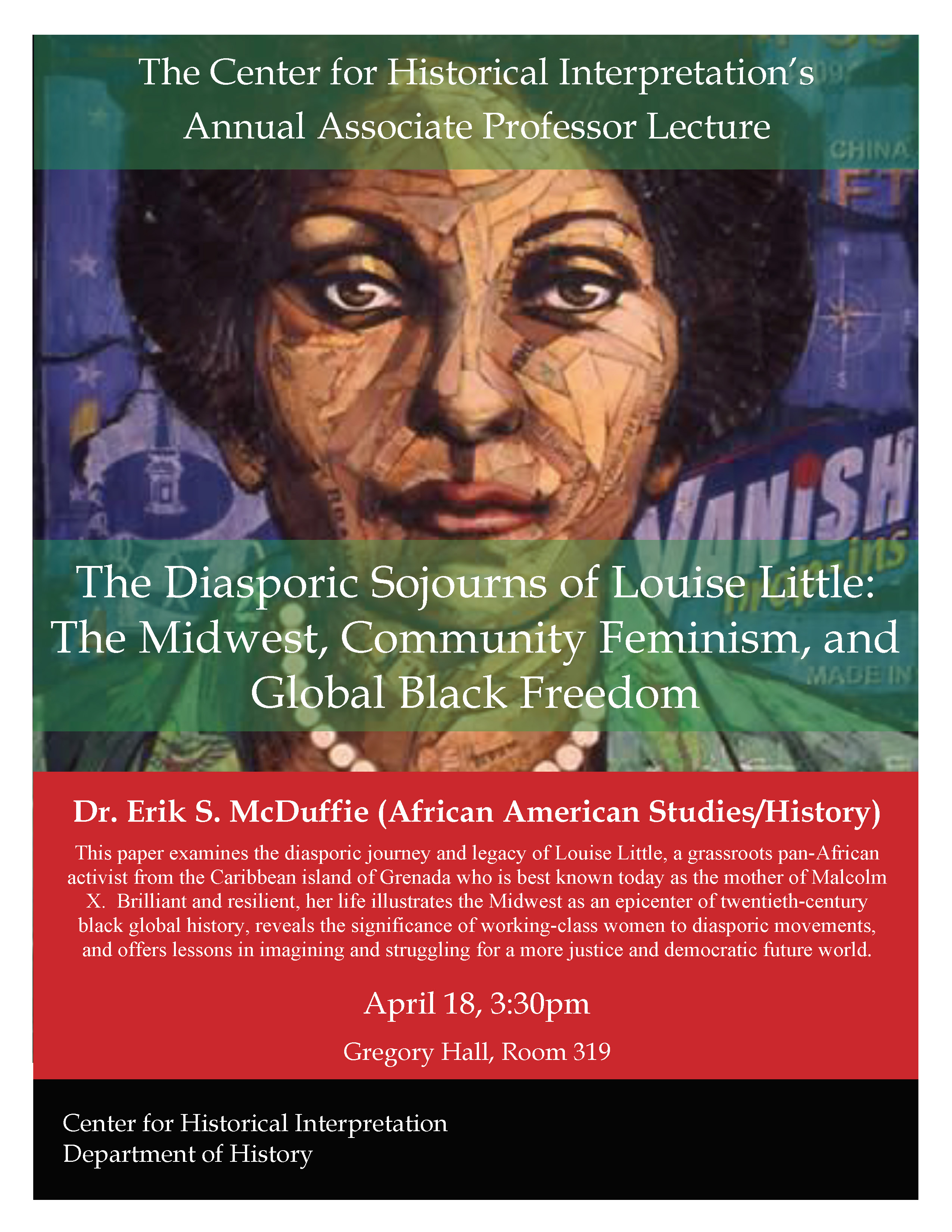 Flyer for lecture with image of woman